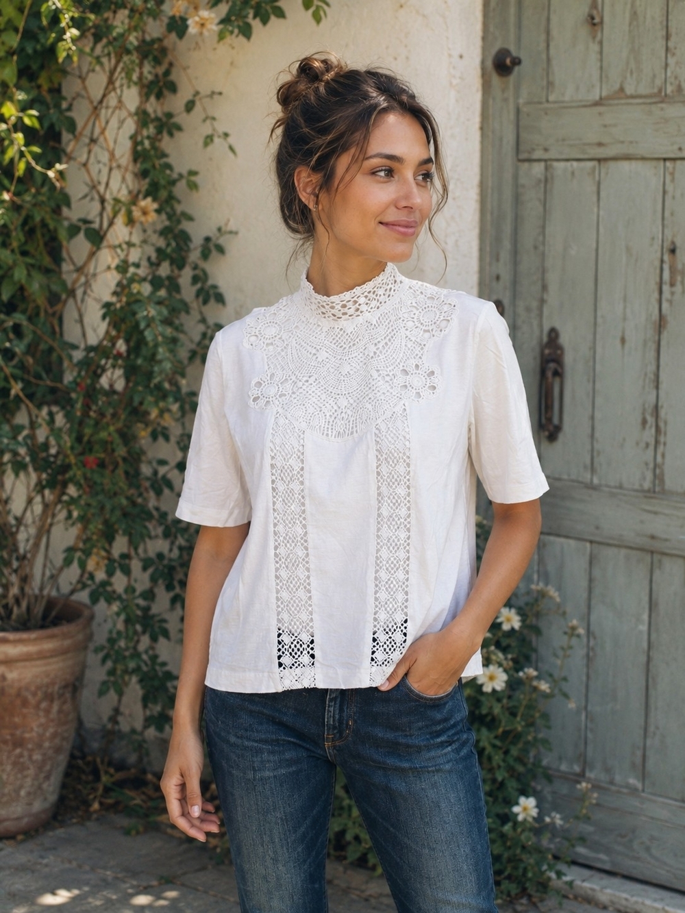 Scotch & Soda White Crochet Lace High Neck Cotton Top Size Small Cottagecore